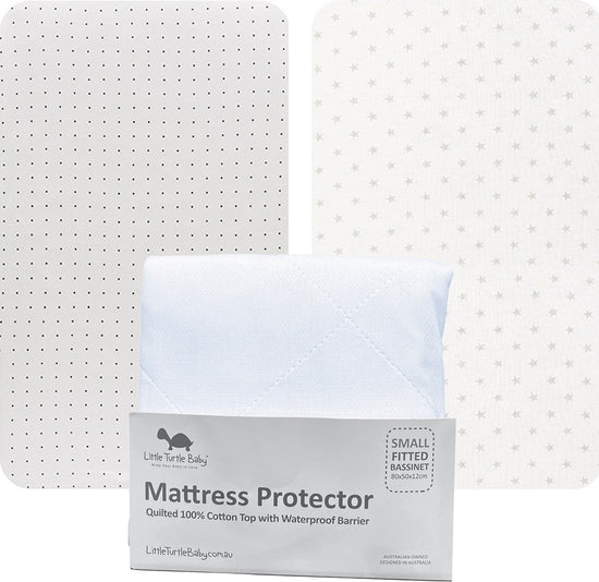 Little Turtle Baby, Small size bassinet fitted sheet and waterproof mattress protector pack, great savings when you buy in bundle, also fits change mat pads, Dimensions: 80cm x 50cm x 12cm