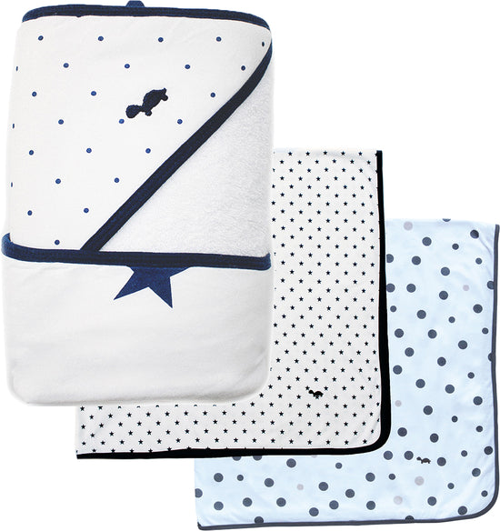 Great saving when you buy in bundle. Little Turtle Baby, high quality, beautiful products. In this bundle you get a hooded towel and a 100% cotton muslin and jersey wrap, great baby gift