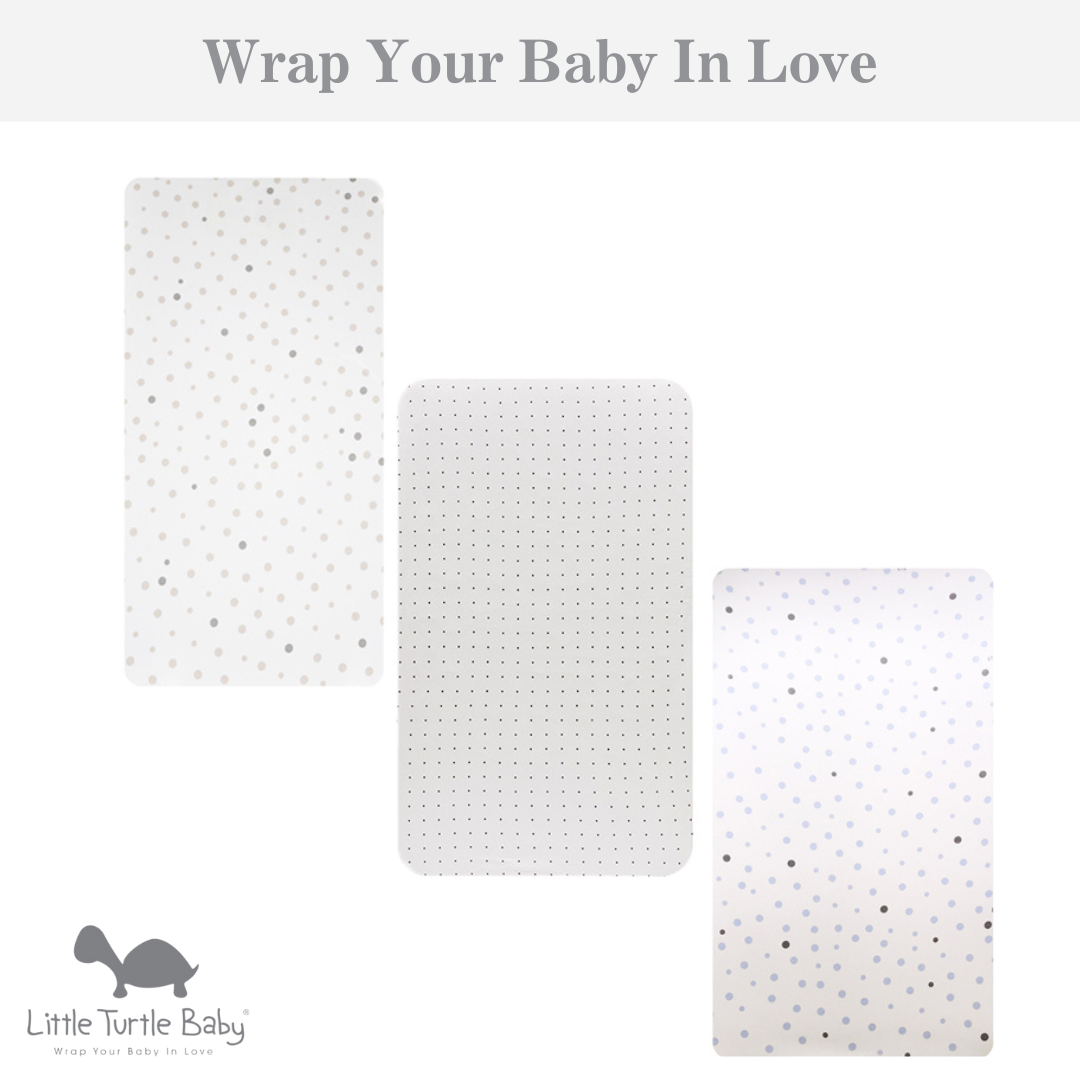 Rectangle Cot Fitted Sheets 3 Pack: Beige & Grey Spots, White with Black Dots & Pale Blue & Grey Spots