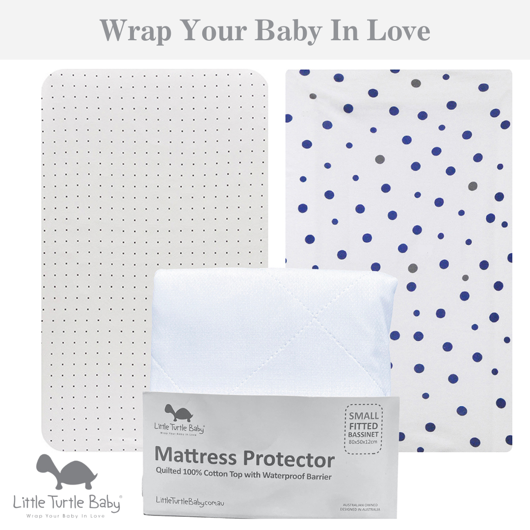 Small Bassinet Sheet & Mat Protector 3 Pack (80x50x12cm - Jersey): Black Dots, Navy & Grey Spots & Mattress Protector