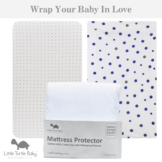 Small Bassinet Sheet & Mat Protector 3 Pack (80x50x12cm - Jersey): Black Dots, Navy & Grey Spots & Mattress Protector